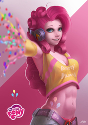 Size: 2480x3508 | Tagged: safe, artist:hunky-dory-artist, pinkie pie, human, g4, abs, armpits, belly button, cleavage, deadpool, female, headphones, high res, humanized, midriff, pony coloring, solo