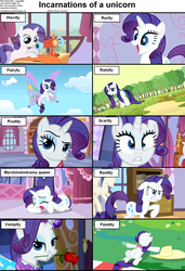 Size: 1282x1876 | Tagged: safe, edit, edited screencap, screencap, rarity, pony, unicorn, a canterlot wedding, g4, lesson zero, secret of my excess, simple ways, sisterhooves social, sonic rainboom (episode), stare master, the cutie mark chronicles, angry, big grin, butterfly wings, caption, carousel boutique, compilation, crying, cs captions, cute, female, filly, foal, grin, hat, incarnations of, lidded eyes, lying down, mannequin, mare, marshmelodrama, on back, pouting, prone, pun, rain, raribetes, rose, sewing, sewing machine, solo, wet, wet mane, wet mane rarity