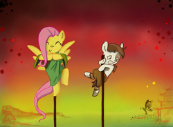 Size: 2024x1491 | Tagged: safe, artist:kimistrylooneyartis, fluttershy, pipsqueak, butterfly, earth pony, pegasus, pony, g4, badass, clothes, colt, crossover, dreamworks, duo, duo male and female, eyes closed, female, flutterbadass, foal, holding on, kung fu panda, male, mare