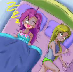 Size: 1000x985 | Tagged: safe, artist:jumboz95, applejack, pinkie pie, human, g4, bed, clothes, green underwear, humanized, open mouth, panties, sleeping, snoring, snot bubble, tank top, underwear, zzz