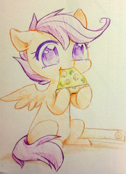 Size: 476x656 | Tagged: safe, artist:mousu, scootaloo, pegasus, pony, g4, blank flank, cute, cutealoo, eating, female, filly, foal, food, mushroom, nom, pizza, sitting, solo, spread wings, traditional art, wings