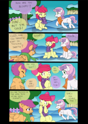 Size: 1280x1810 | Tagged: safe, artist:jeremy3, apple bloom, scootaloo, sweetie belle, earth pony, pony, comic:quest for apple bloom, g4, clothes, cold, comic, cutie mark crusaders, dialogue, scarf, shivering, snow, winter