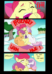 Size: 1024x1447 | Tagged: safe, artist:jeremy3, apple bloom, scootaloo, sweetie belle, earth pony, pony, comic:quest for apple bloom, g4, clothes, comic, cutie mark crusaders, dialogue, eyeroll, hug, scarf, snow, winter