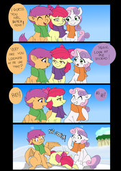 Size: 1280x1809 | Tagged: safe, artist:jeremy3, apple bloom, scootaloo, sweetie belle, earth pony, pony, comic:quest for apple bloom, g4, clothes, comic, cutie mark crusaders, dialogue, faint, scarf, shivering, sick, snow, winter