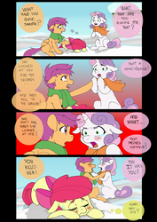 Size: 1280x1809 | Tagged: safe, artist:jeremy3, apple bloom, scootaloo, sweetie belle, earth pony, pony, comic:quest for apple bloom, g4, argument, blushing, clothes, comic, crying, cutie mark crusaders, dialogue, faint, infallible logic, scarf, sick, snow, sweatdrop, winter