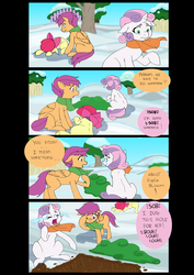 Size: 1280x1809 | Tagged: safe, artist:jeremy3, apple bloom, scootaloo, sweetie belle, earth pony, pony, comic:quest for apple bloom, g4, clothes, comic, crying, cutie mark crusaders, dialogue, grave, ocular gushers, scarf, snow, sweetiedumb, winter