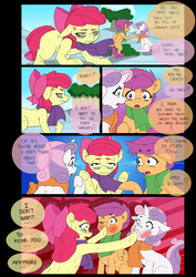 Size: 1024x1447 | Tagged: safe, artist:jeremy3, apple bloom, scootaloo, sweetie belle, earth pony, pony, comic:quest for apple bloom, g4, apple bloom is not amused, blushing, clothes, comic, cross-popping veins, crying, cutie mark crusaders, dialogue, fed up, hoof in mouth, scarf, shivering, sick, snow, sweat, sweetiedumb, winter