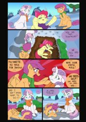 Size: 1600x2262 | Tagged: safe, artist:jeremy3, apple bloom, scootaloo, sweetie belle, earth pony, pony, comic:quest for apple bloom, g4, blushing, clothes, comic, crying, cutie mark crusaders, dialogue, faint, grave, ocular gushers, scarf, sick, snow, sweat, twitching, winter, yamcha's death pose