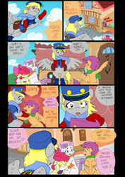 Size: 1600x2262 | Tagged: safe, artist:jeremy3, apple bloom, derpy hooves, scootaloo, sweetie belle, pegasus, pony, comic:quest for apple bloom, g4, clothes, comic, cutie mark crusaders, dialogue, female, mailmare, mare, property damage, scarf, sick, snow, socks, sweat, uniform, winter