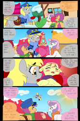 Size: 1024x1546 | Tagged: safe, artist:jeremy3, apple bloom, derpy hooves, scootaloo, sweetie belle, pegasus, pony, comic:quest for apple bloom, g4, clothes, comic, cutie mark crusaders, dialogue, female, flying, mailmare, mare, scarf, sick, snow, sweat, uniform, winter