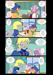 Size: 1600x2262 | Tagged: safe, artist:jeremy3, derpy hooves, scootaloo, sweetie belle, pegasus, pony, comic:quest for apple bloom, g4, clothes, comic, crying, feels, female, hospital, i just don't know what went wrong, mare, scarf