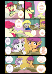 Size: 1024x1447 | Tagged: safe, artist:jeremy3, apple bloom, derpy hooves, scootaloo, sweetie belle, pegasus, pony, comic:quest for apple bloom, g4, argument, comic, crossed legs, cutie mark crusaders, equestria's best mother, female, hospital, iv drip, mailmare, mare