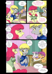 Size: 1600x2262 | Tagged: safe, artist:jeremy3, apple bloom, derpy hooves, scootaloo, sweetie belle, earth pony, pony, comic:quest for apple bloom, g4, argument, ball of violence, bed, bipedal, comic, cutie mark crusaders, equestria's best mother, floppy ears, frown, hospital, hug, iv drip, mailmare, open mouth, sick, wide eyes, wink