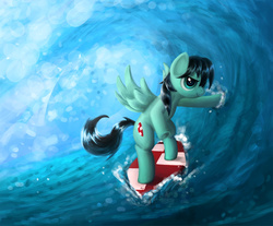 Size: 1500x1241 | Tagged: safe, artist:2snacks, oc, oc only, oc:tidal wave, pony, bipedal, solo, surfboard, surfing