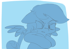 Size: 1221x852 | Tagged: safe, artist:askcanadash, rainbow dash, oc, oc:anon, human, pony, g4, annoyed, floppy ears, frown, giant pony, grumpy, macro, monochrome, nose wrinkle, size difference, sketch