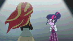 Size: 640x360 | Tagged: safe, screencap, sci-twi, sunset shimmer, twilight sparkle, equestria girls, g4, my little pony equestria girls: friendship games, animated, confrontation, duo, female, windswept hair