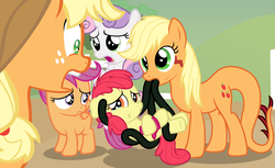 Size: 3884x2378 | Tagged: safe, artist:badumsquish, derpibooru exclusive, apple bloom, applejack, scootaloo, sweetie belle, monster pony, original species, pony, tatzlpony, g4, applejack's hat, applelove, bandage, caring, carrying, concerned, cowboy hat, crying, cutie mark crusaders, duality, face licking, female, filly, foal, hat, high res, hurt/comfort, hurting, hurts like a bitch, impossibly long tongue, injured, jumping, licking, long tongue, mare, multeity, paraquestria, rescue, sad, self ponidox, shocked, species swap, tatzljack, tentacle tongue, tentacles, tongue out