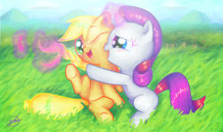 Size: 1920x1136 | Tagged: safe, artist:halem1991, applejack, rarity, g4, braiding, cute, friendshipping, halem1991 is trying to murder us, younger