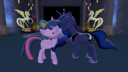 Size: 1360x768 | Tagged: safe, artist:mk513, princess luna, twilight sparkle, alicorn, pony, g4, 3d, crown, female, gmod, kissing, lesbian, mare, ship:twiluna, shipping, tiara, twilight sparkle (alicorn)