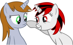 Size: 2626x1616 | Tagged: safe, artist:adog0718, oc, oc only, oc:blackjack, oc:littlepip, pony, unicorn, fallout equestria, fallout equestria: project horizons, boop, fanfic, fanfic art, female, horn, mare, scrunchy face, simple background, smiling, transparent background, vector