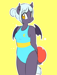 Size: 1280x1680 | Tagged: safe, artist:glacierclear, oc, oc only, oc:stardust, bat pony, anthro, alternate hairstyle, beach ball, clothes, hair bun, legs together, one-piece swimsuit, swimsuit