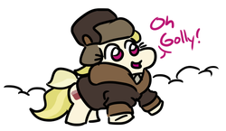 Size: 599x348 | Tagged: safe, artist:jargon scott, march gustysnows, earth pony, pony, g4, clothes, cute, dialogue, female, golly, hat, jacket, mare, snow, solo