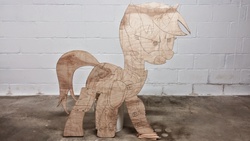 Size: 4160x2340 | Tagged: safe, artist:adog0718, oc, oc only, oc:littlepip, pony, unicorn, fallout equestria, clothes, craft, customized toy, fanfic, female, irl, jumpsuit, mare, photo, pipbuck, pyrography, solo, traditional art, vault suit, woodwork