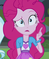 Size: 571x696 | Tagged: dead source, safe, screencap, pinkie pie, equestria girls, g4, my little pony equestria girls: friendship games, bracelet, clothes, confused, female, jewelry, looking at you, pinkie's questions meme, shirt, skirt, solo, teenager