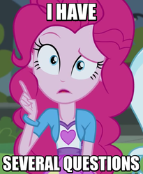 Size: 492x600 | Tagged: safe, edit, edited screencap, screencap, pinkie pie, equestria girls, friendship games, caption, confused, female, flipped, i have several questions, image macro, jontron, meme, pinkie's questions meme, plug and play consoles, reaction image, solo