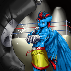 Size: 2000x2000 | Tagged: safe, artist:aphexangel, oc, oc only, oc:andrew swiftwing, pegasus, anthro, clothes, high res, male, partial nudity, punch, punching bag, solo, stallion, topless
