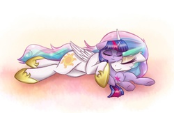Size: 2597x1680 | Tagged: dead source, safe, artist:magnaluna, princess celestia, twilight sparkle, alicorn, pony, unicorn, g4, blushing, cheek fluff, cuddling, ethereal mane, eyes closed, female, filly, filly twilight sparkle, lying down, mare, momlestia, simple background, sleeping, smiling, snuggling, sparkly mane, sweet dreams fuel, underhoof, younger