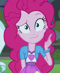 Size: 571x696 | Tagged: safe, edit, screencap, pinkie pie, equestria girls, g4, my little pony equestria girls: friendship games, bracelet, clothes, face edit, female, jewelry, looking at you, pinkie's questions meme, pointing up, shirt, skirt, solo, teenager, vest