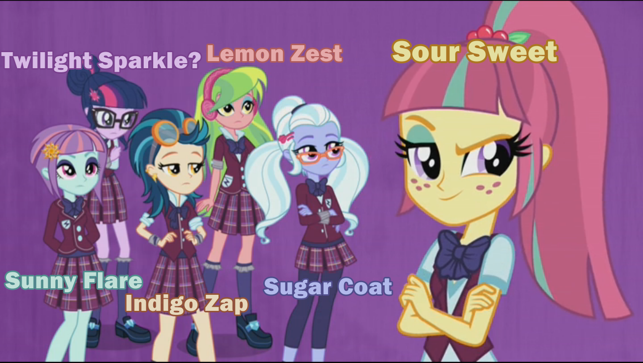 1047139 - safe, artist:azaleasdolls, artist:fannitasticfangirl,  character:indigo zap, character:lemon zest, character:sour sweet,  character:sugarcoat, character:sunny flare, character:twilight sparkle,  character:twilight sparkle (scitwi), species:eqg