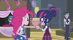 Size: 931x514 | Tagged: safe, screencap, dj pon-3, pinkie pie, sci-twi, twilight sparkle, vinyl scratch, equestria girls, g4, my little pony equestria girls: friendship games, clothes, crystal prep academy, crystal prep academy uniform, female, glasses, male, plaid skirt, school spirit, school uniform, skirt