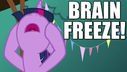 Size: 700x400 | Tagged: safe, edit, edited screencap, screencap, twilight sparkle, g4, party pooped, brain freeze, caption, female, head tilt, image macro, meme, nose in the air, open mouth, pain, raised hoof, solo, volumetric mouth, yelling