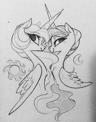 Size: 1013x1280 | Tagged: safe, artist:glacierclear, princess celestia, princess luna, g4, duo, female, looking at you, monochrome, royal sisters, siblings, sisters, sketch, smiling, traditional art