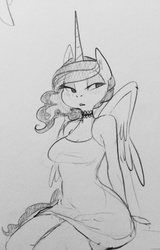 Size: 821x1280 | Tagged: safe, artist:glacierclear, princess luna, alicorn, anthro, g4, breasts, busty princess luna, choker, chokerluna, cleavage, female, monochrome, solo