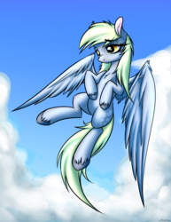 Size: 5100x6600 | Tagged: safe, artist:strachattack, derpy hooves, pegasus, pony, g4, absurd resolution, cloud, cloudy, female, flying, mare, solo, unshorn fetlocks