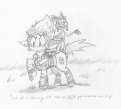 Size: 1443x1299 | Tagged: safe, artist:mischieflily, goggles, jak and daxter, monochrome, pencil drawing, ponified, traditional art, video game