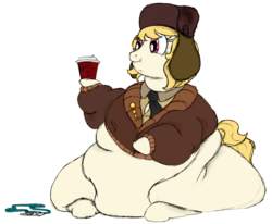 Size: 3000x2470 | Tagged: safe, march gustysnows, pony, g4, blank flank, blob, clothes, coat, fat, hat, high res, id card, immobile, impossibly large belly, jacket, obese, rolls of fat, simple background, solo, transparent background