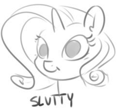 Size: 319x288 | Tagged: safe, artist:nobody, edit, rarity, pony, unicorn, g4, :t, cropped, disembodied head, ear fluff, expressions, female, lineart, mare, monochrome, silly, simple background, slut, smiling, solo, white background, wide eyes