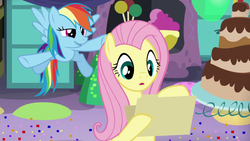 Size: 1280x720 | Tagged: safe, screencap, fluttershy, rainbow dash, pegasus, pony, g4, party pooped, female, out of context