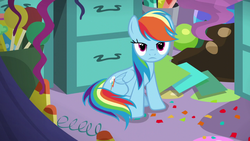 Size: 1280x720 | Tagged: safe, screencap, rainbow dash, pegasus, pony, g4, party pooped, female, looking at you, mare, solo