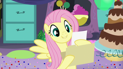 Size: 1280x720 | Tagged: safe, screencap, fluttershy, g4, party pooped, cake, cute, female, file, folder, food, grin, hoof hold, paper, reading, solo, spread wings