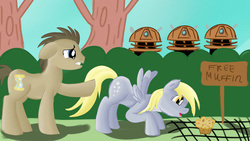 Size: 1280x720 | Tagged: safe, artist:jbond, derpy hooves, doctor whooves, time turner, earth pony, pegasus, pony, g4, crossover, dalek, doctor who, female, hiding in bushes, it's a trap, male, mare, muffin, sign, stallion, this will end in extermination, this will end in tears