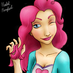 Size: 894x894 | Tagged: safe, artist:mentalmongloid, pinkie pie, human, equestria girls, g4, black background, breasts, cleavage, clothes, female, grin, hair, hand, humanized, lipstick, makeup, playing with hair, shirt, simple background, smiling, solo, teenager, vest, wink
