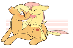 Size: 956x632 | Tagged: safe, artist:tigs, applejack, fluttershy, earth pony, pegasus, pony, g4, blushing, boop, cute, duo, eyes closed, female, floppy ears, leaning, lesbian, nervous, noseboop, prone, ship:appleshy, shipping, simple background, smiling, sweat, thin legs, wavy mouth