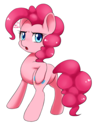 Size: 830x1077 | Tagged: safe, artist:shusu, pinkie pie, earth pony, pony, g4, butt, female, frown, looking at you, looking back, looking back at you, open mouth, pixiv, plot, solo