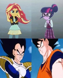 Size: 472x582 | Tagged: safe, sci-twi, sunset shimmer, twilight sparkle, equestria girls, g4, my little pony equestria girls: friendship games, dragon ball, dragon ball z, male, meme, son goku, vegeta