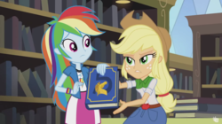 Size: 2546x1430 | Tagged: safe, screencap, applejack, rainbow dash, equestria girls, g4, my little pony equestria girls: friendship games, book, female